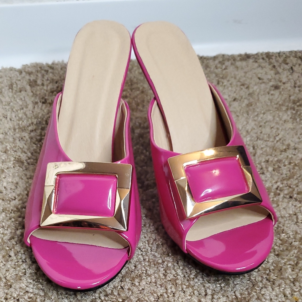 Hot pink slide-in heels